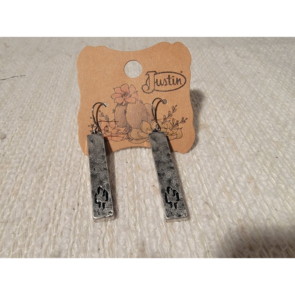 Justin‎ Western Stamped Cactus Design  Silver Rectangle Dangle Earrings NWT